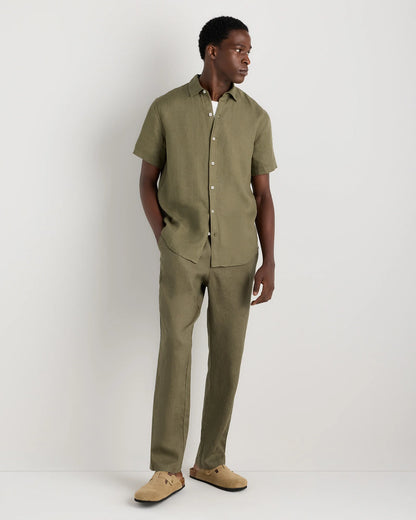 100% European Linen Relaxed Short Sleeve Shirt - XS / Taupe Brown Chambray