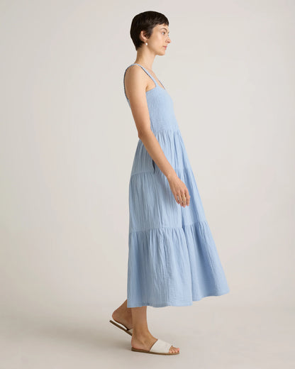 100% Organic Cotton Gauze Smocked Sleeveless Maxi Dress - XS / Blue Gingham