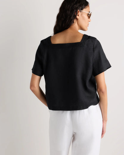 100% European Linen Square Neck Swing Top - XS / Black
