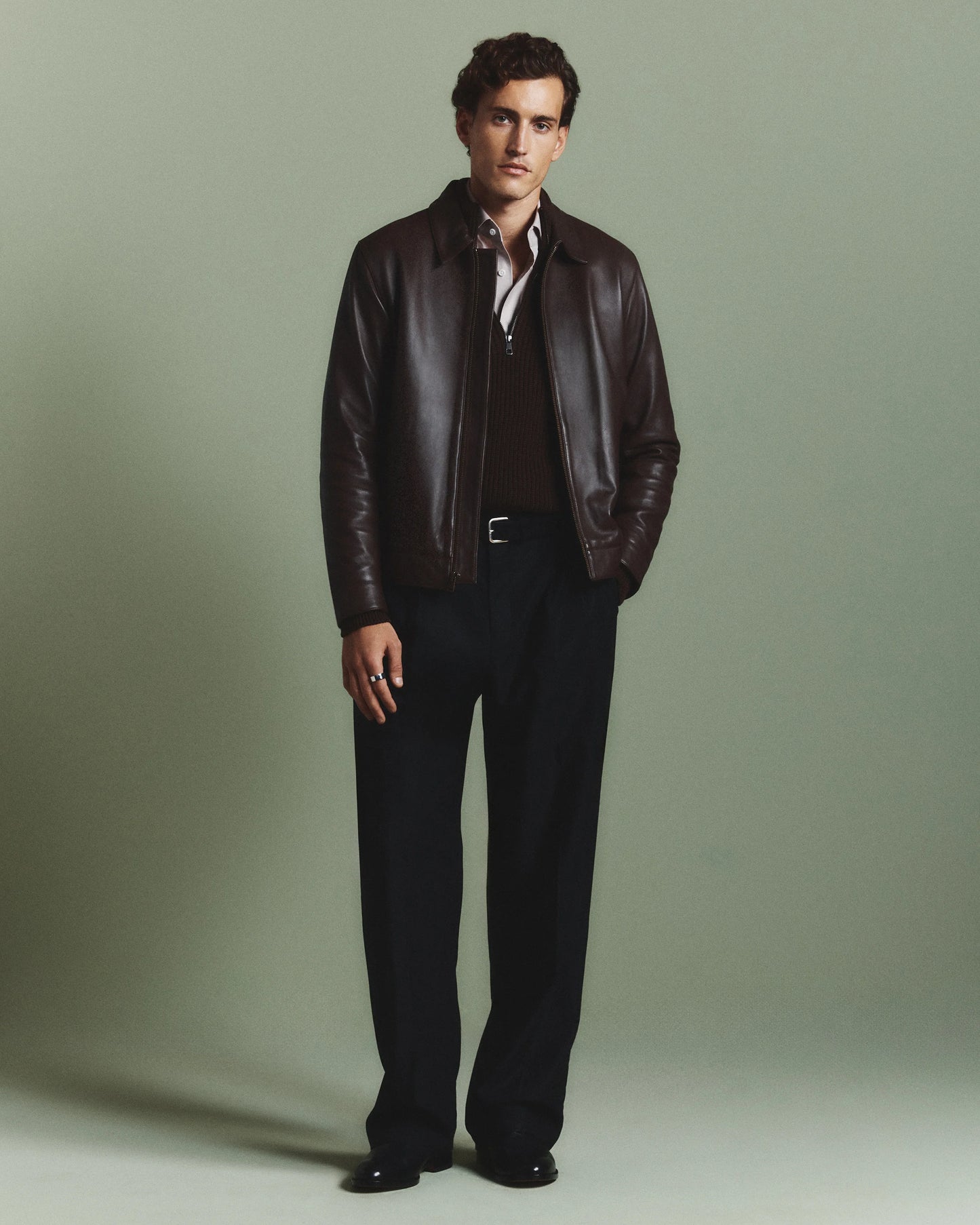 100% Leather Harrington Jacket - S / Dark Cognac Brown