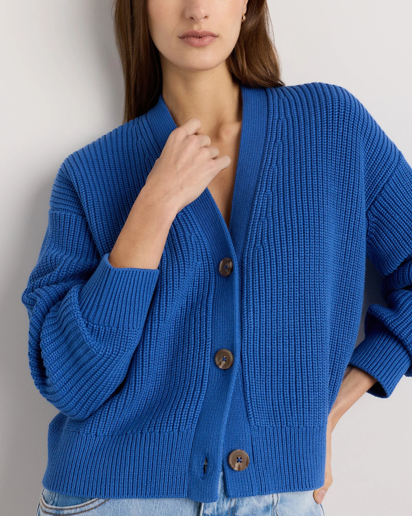 100% Organic Cotton Fisherman Boxy Cropped Cardigan - XS / Sapphire Blue