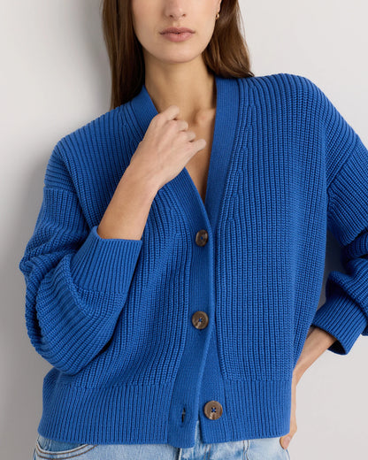 100% Organic Cotton Fisherman Boxy Cropped Cardigan - XS / Sapphire Blue