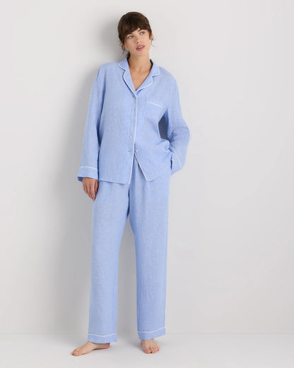 100% European Linen Long Sleeve Pajama Set with Piping - XS / Taupe Brown Gingham