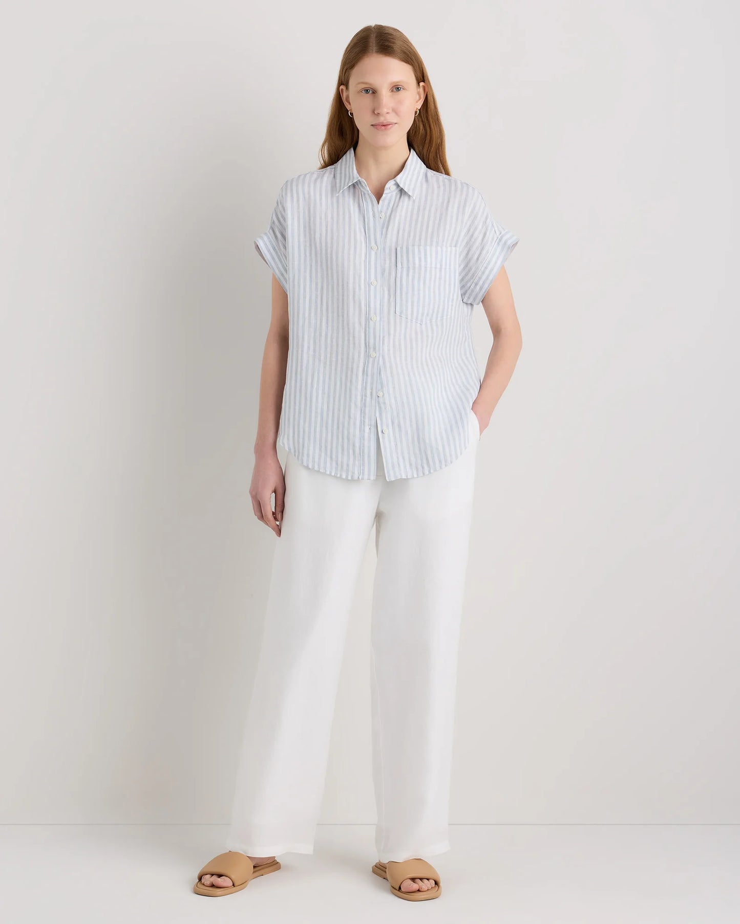 100% European Linen Camp Shirt - XS / Sky Blue Mariner Stripe