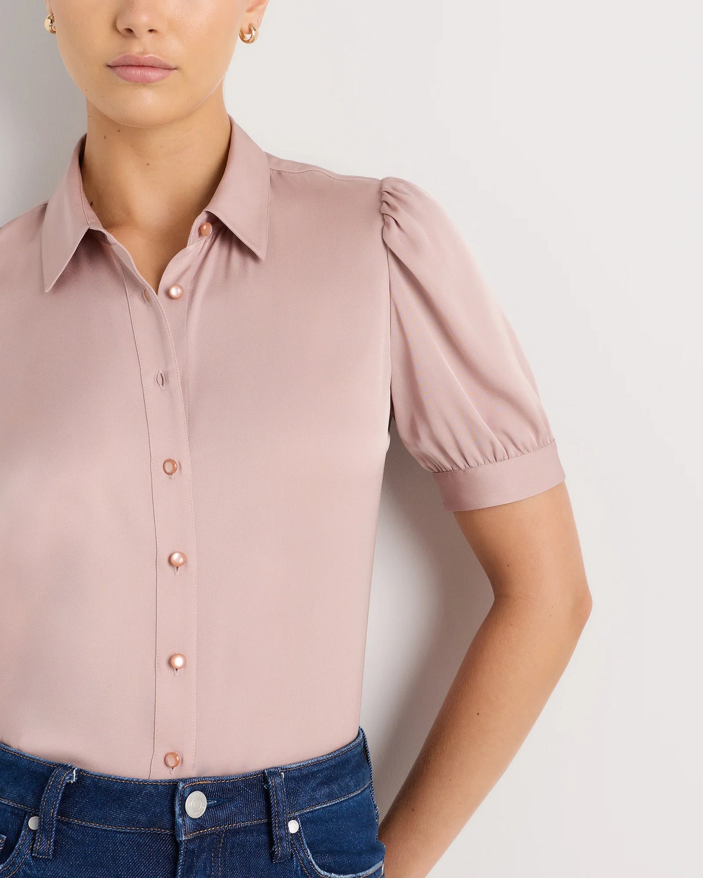 Washable Stretch Silk Puff Sleeve Blouse - XS / Vintage Pink
