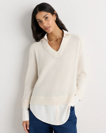 100% Mongolian Cashmere Layered V-Neck Sweater - XS / Ivory