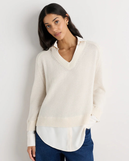 100% Mongolian Cashmere Layered V-Neck Sweater - XS / Ivory