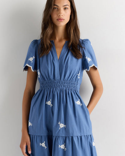 100% Organic Cotton Poplin Embroidered Tiered Maxi Dress - XS / Moonstone Blue