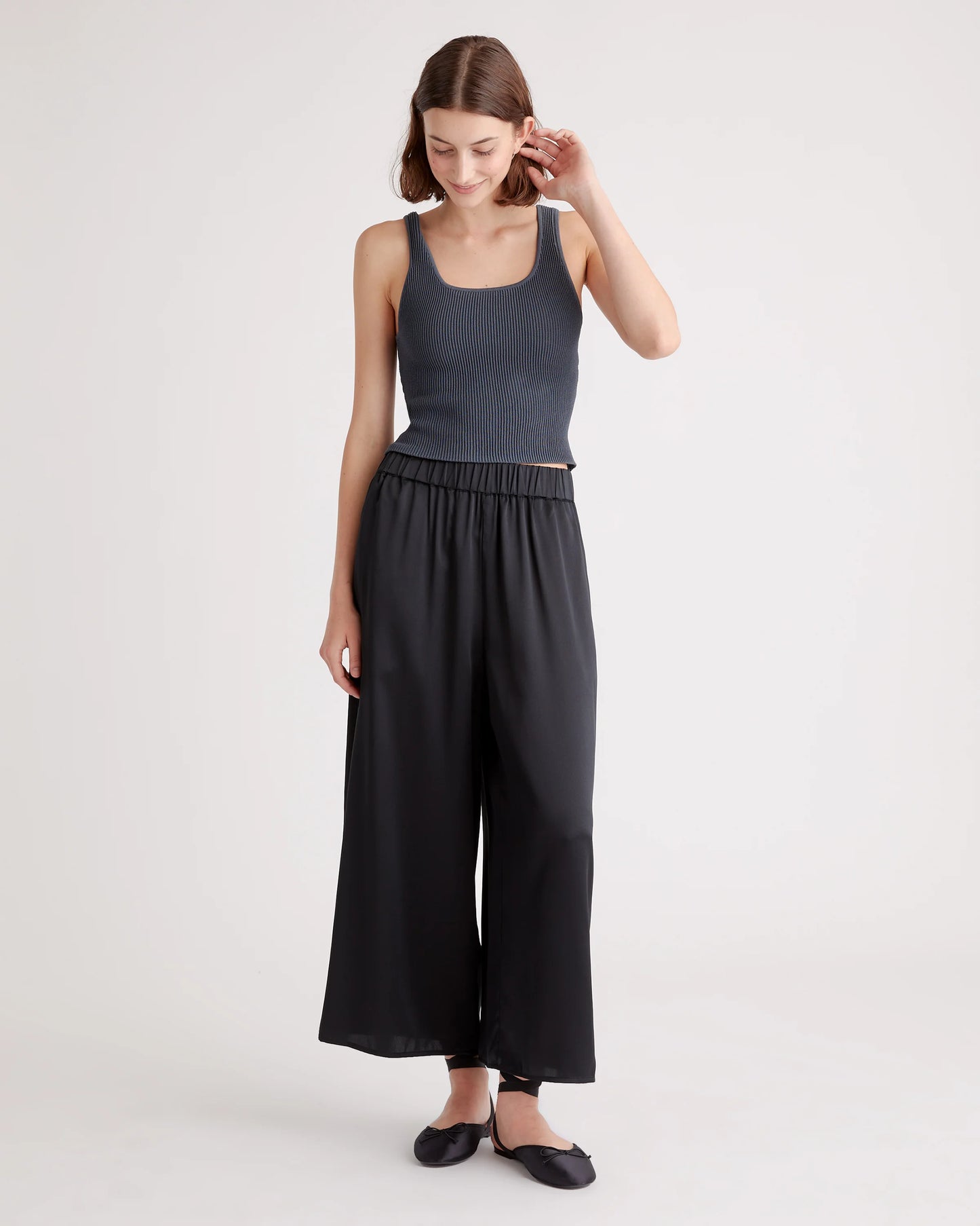 100% Washable Silk Cropped Wide Leg Pant - XS / Black