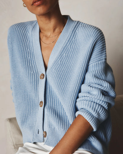 100% Organic Cotton Fisherman Boxy Cropped Cardigan - XS / Sapphire Blue