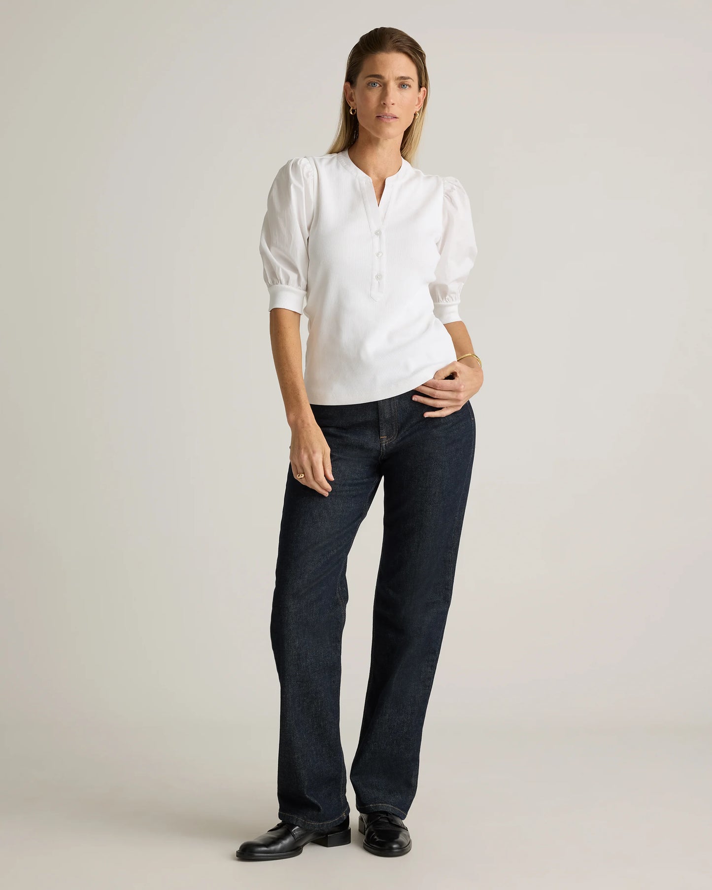 Cotton Mixed Media Puff Sleeve Top - XS / Classic White