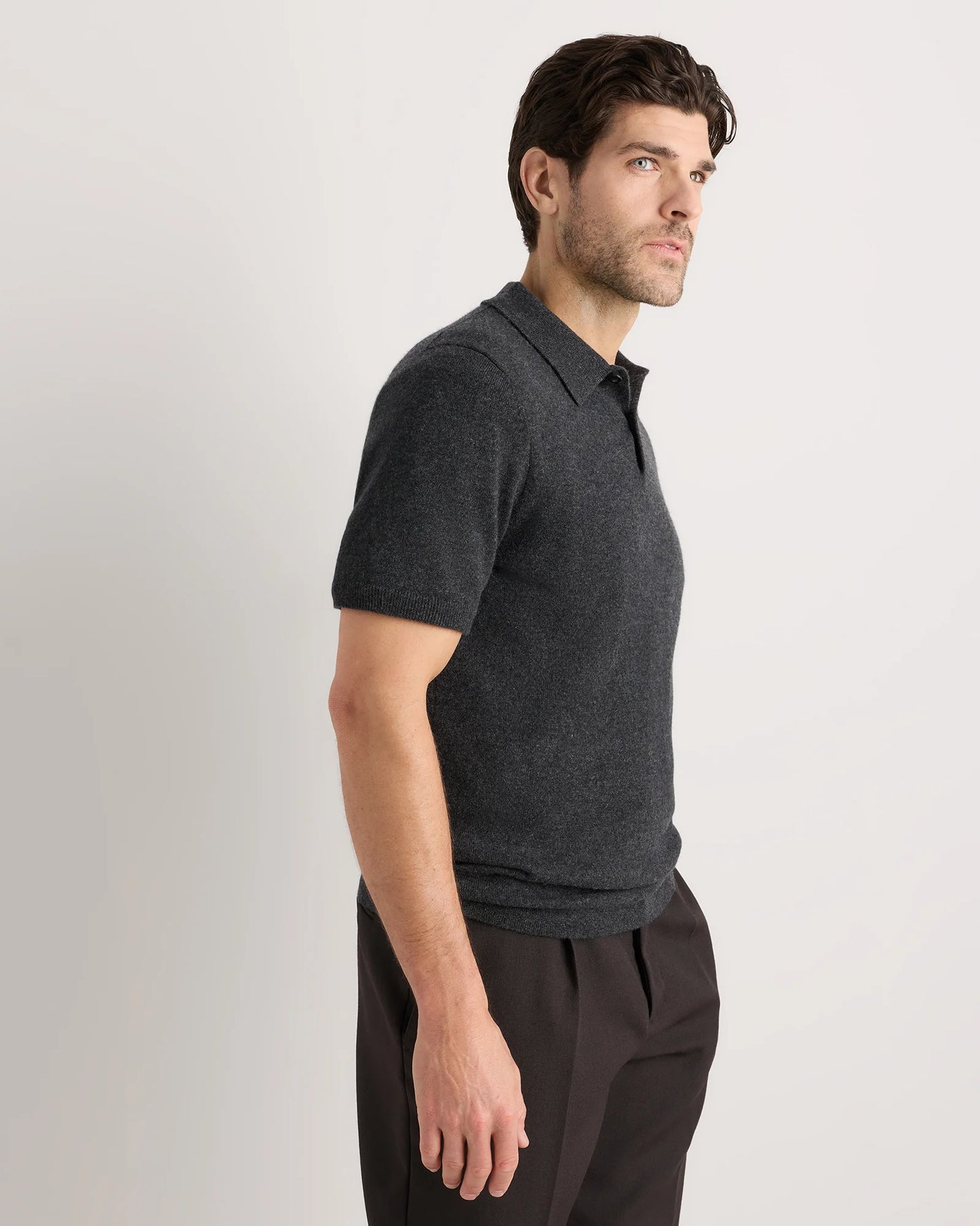 100% Mongolian Cashmere Short Sleeve Polo Sweater - S / Heather Storm Blue