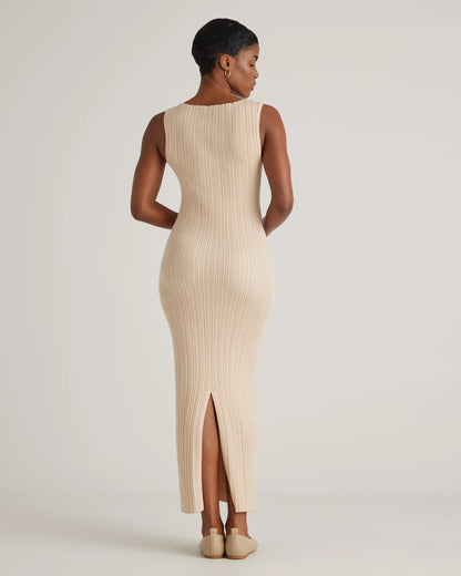 Cotton Cashmere Ribbed Sleeveless Midi Dress - XS / Heather Oatmeal