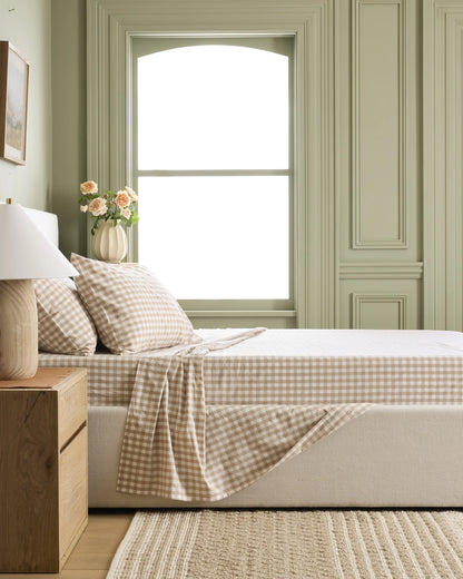 Organic Crisp Percale Gingham Sheet Set - Twin / Cafe