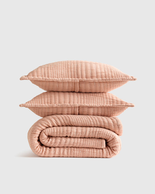 Organic Cotton Channel Stitch Coverlet Set - Twin / Coral Pink