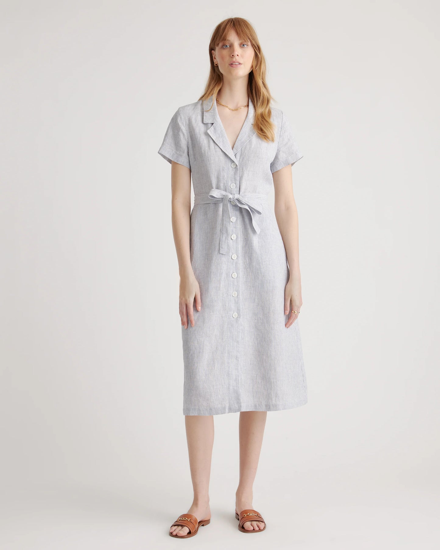100% European Linen Button Front Dress - XS / Sky Blue Mariner Stripe
