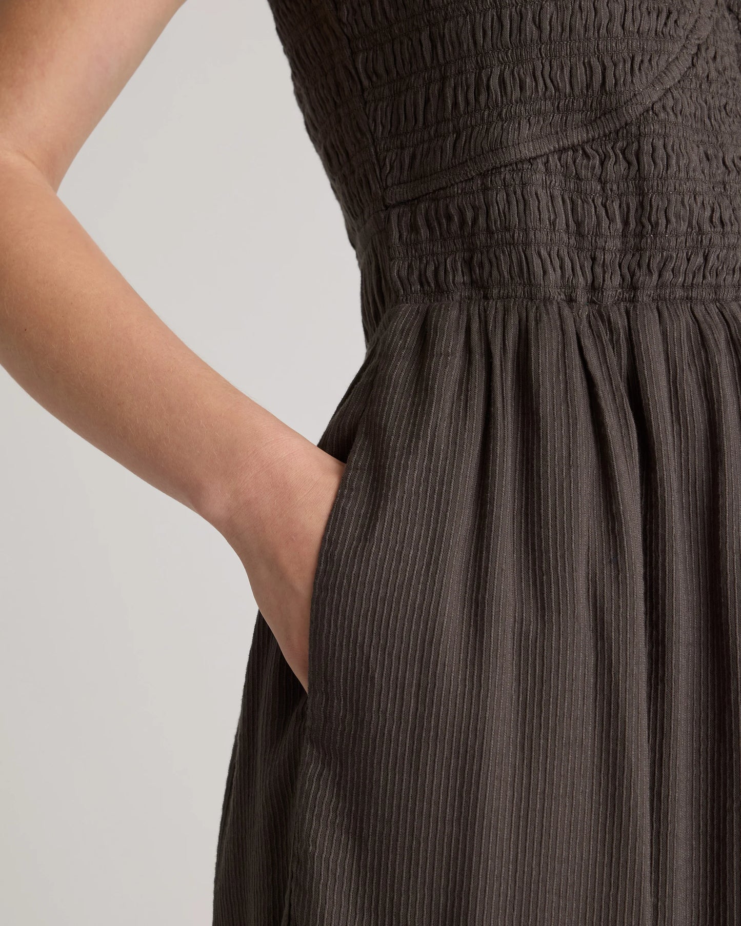 Organic Textured Cotton Smocked V-Neck Midi Dress - XS / Pale Custard Yellow