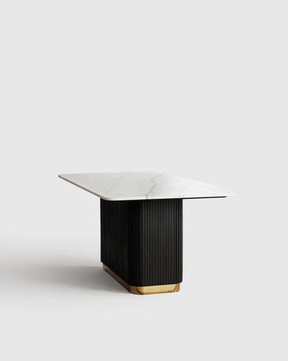Fluted Wood and Genuine Marble Pedestal Dining Table - One Size / White/Black
