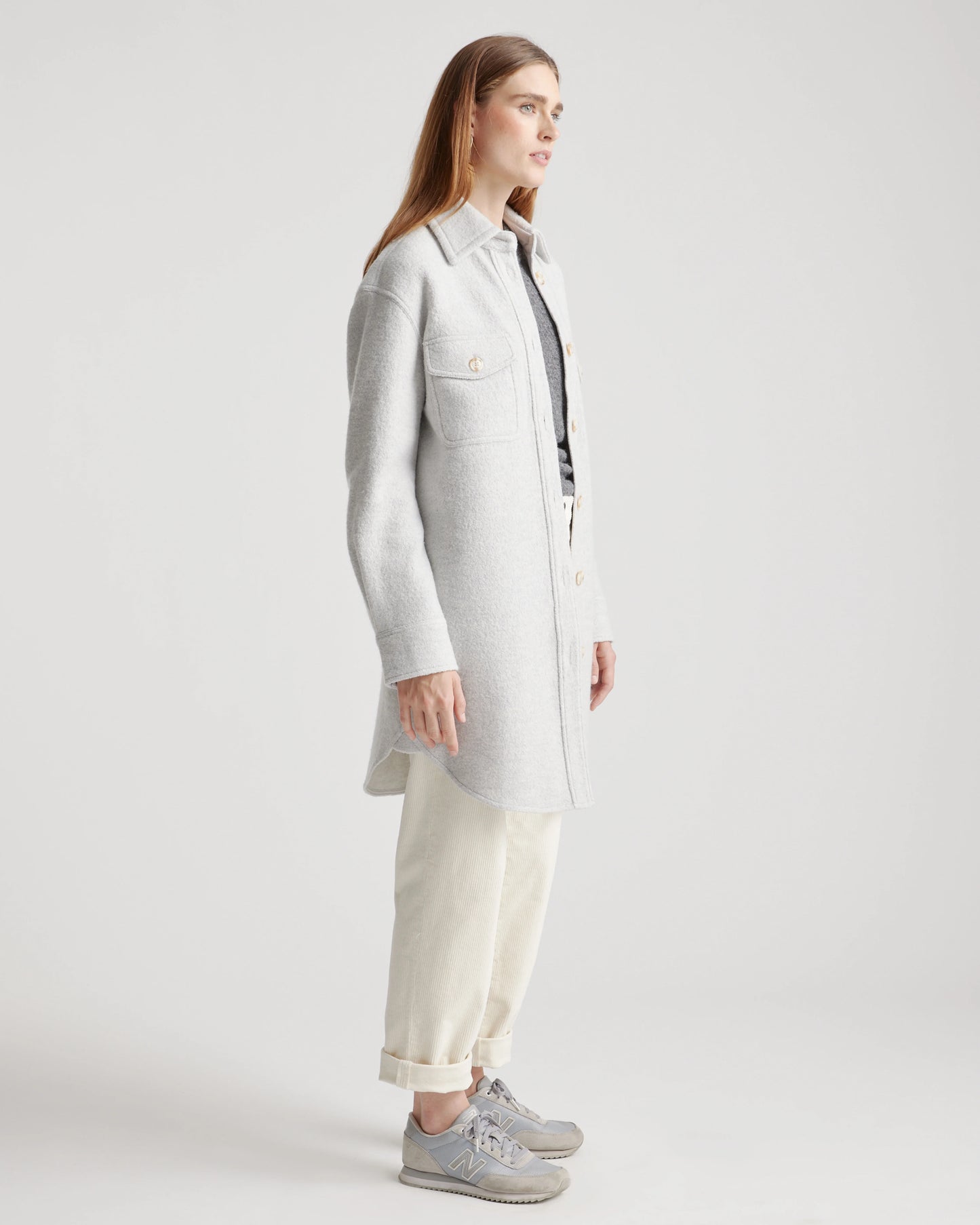 100% Merino Wool Long Shirt Jacket - XS / Heather Bone