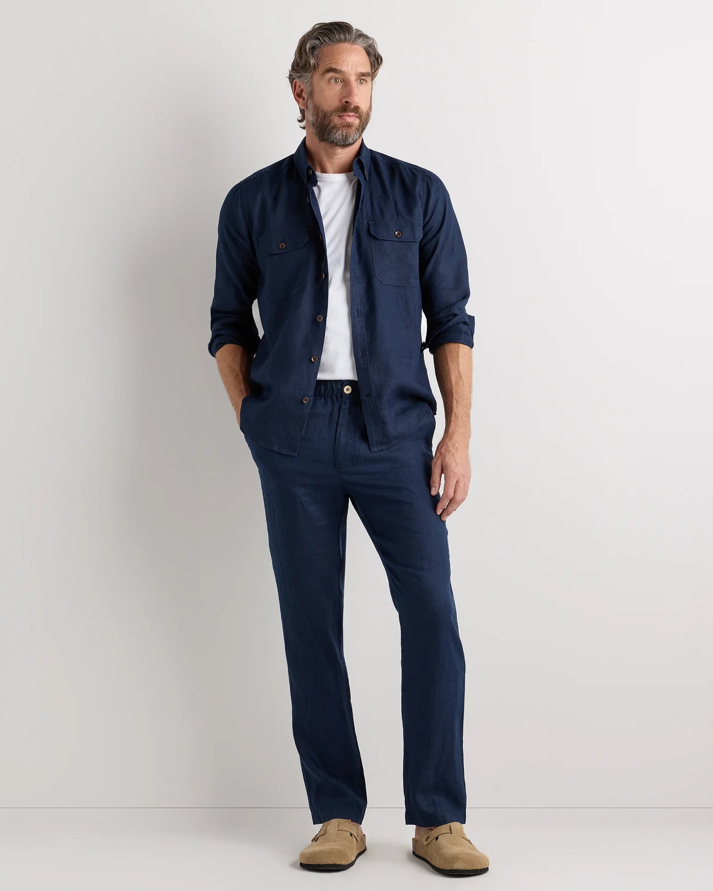 100% European Linen Utility Shirt - S / Taupe Brown Chambray