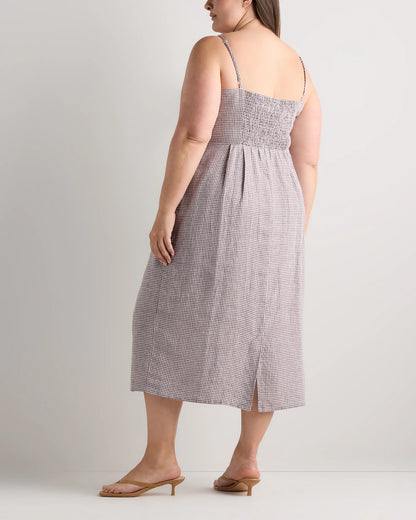 100% European Linen Scoop Neck Midi Dress - 1X / Deep Navy