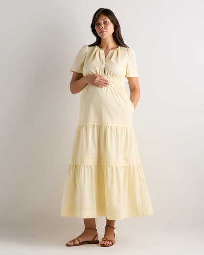100% Organic Cotton Poplin Maternity Tiered Maxi Dress - XS / Riviera Blue Heirloom Floral