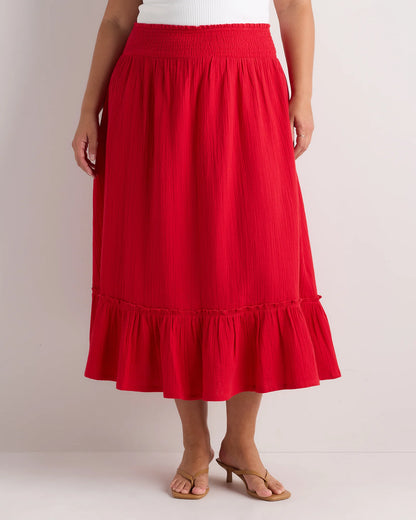 100% Organic Cotton Gauze Smocked Maxi Skirt - 1X / White