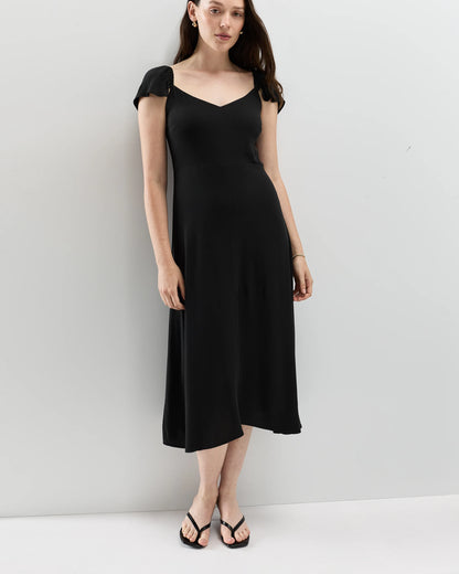 Lightweight Crepe Flutter Sleeve Midi Dress - XS / True Black
