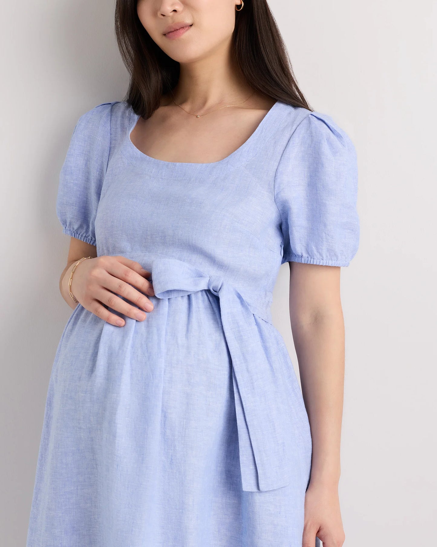 100% European Linen Maternity Short Sleeve Midi Dress - XS / Ivory Porcelain Blue Petite Floral