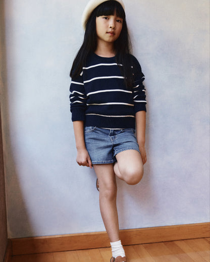 100% Organic Cotton Crewneck Sweater - 6 / Navy/White