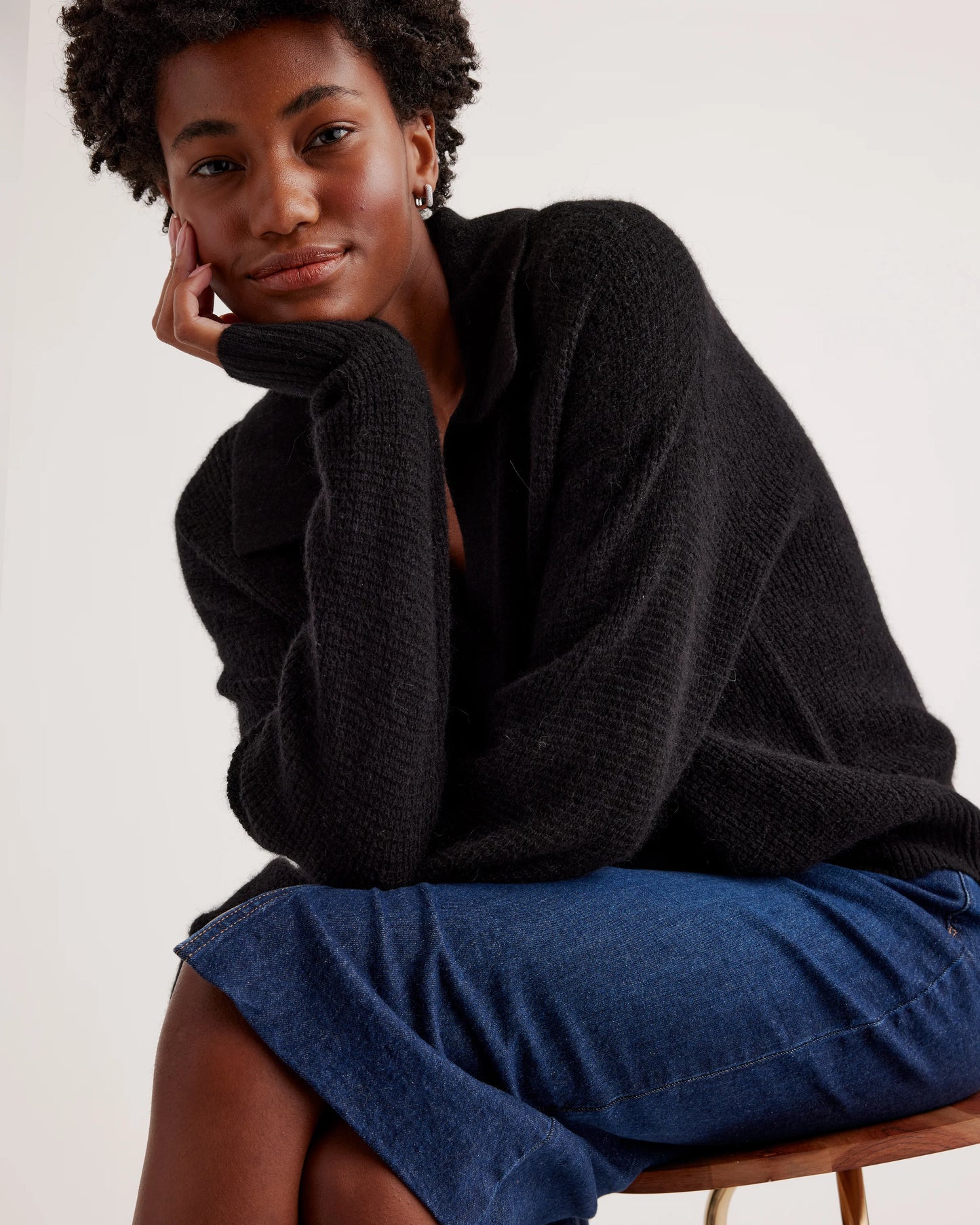 Baby Alpaca-Wool Waffle Stitch Polo Sweater - XS / Ivory