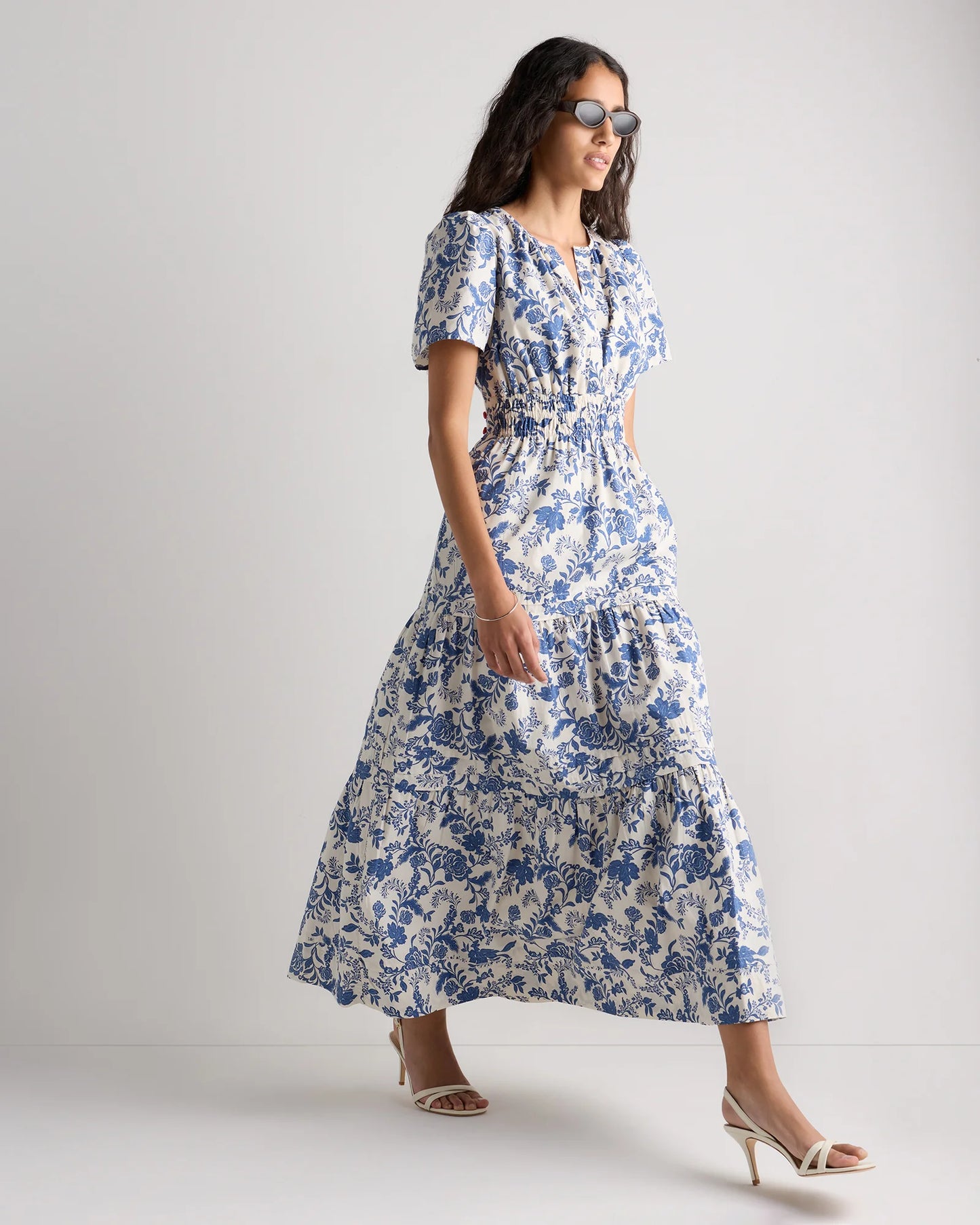 100% Organic Cotton Poplin Tiered Maxi Dress - XS / Riviera Blue Heirloom Floral