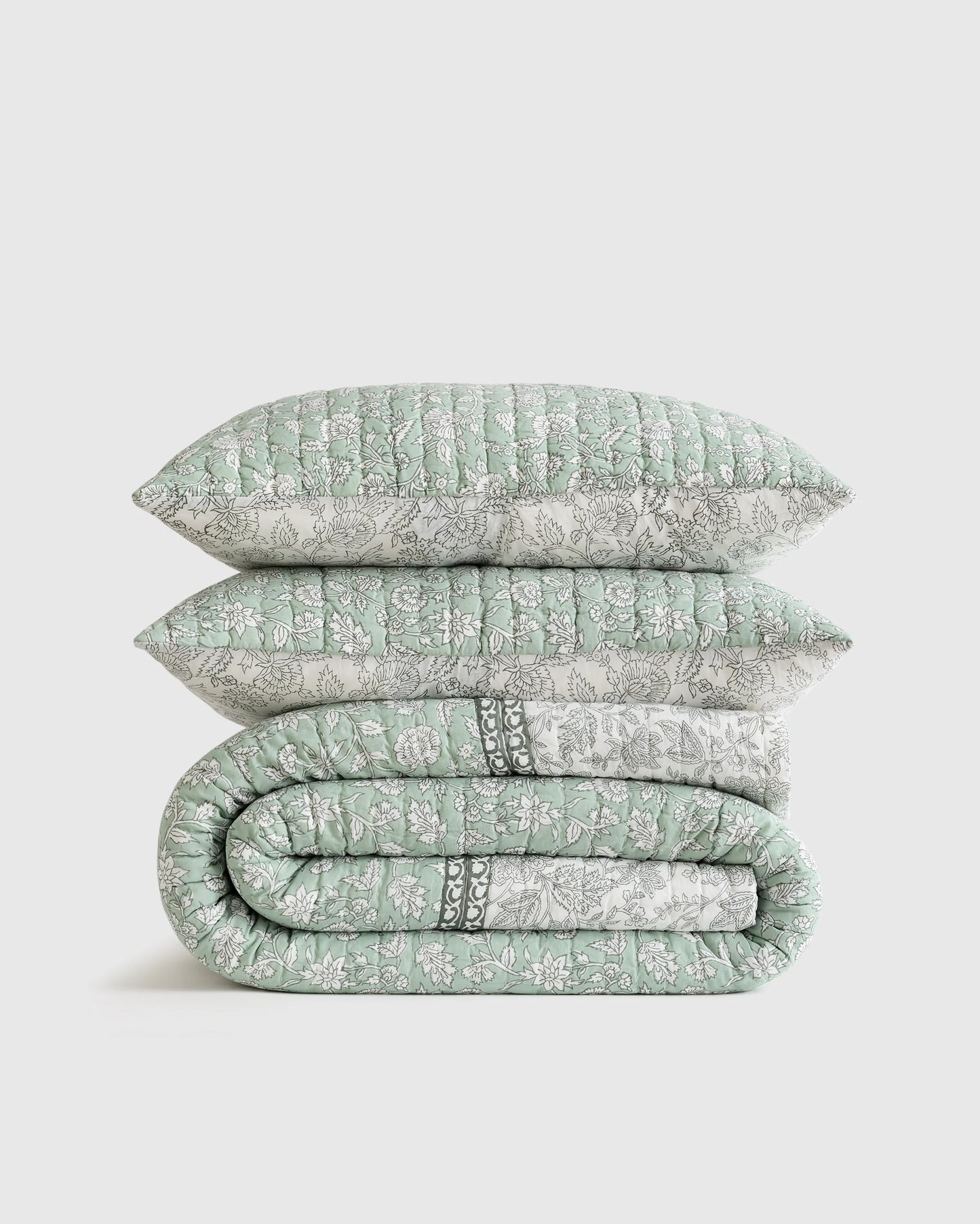 Organic Cotton Block Print Quilt Set - Twin / Green