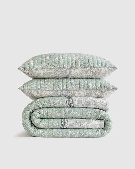 Organic Cotton Block Print Quilt Set - Twin / Green