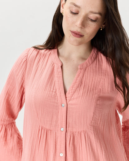 100% Organic Cotton Gauze Long Sleeve Tiered Mini Dress - XS / Amaranth Pink