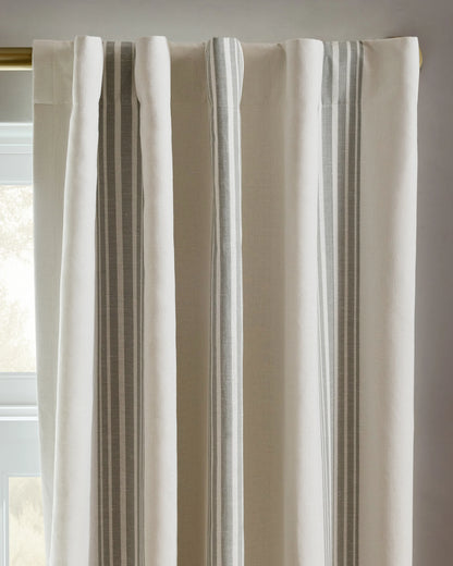 Coastal Stripe Linen Cotton True Blackout Curtain - Single Panel - 48x84 / Ivory/Fog