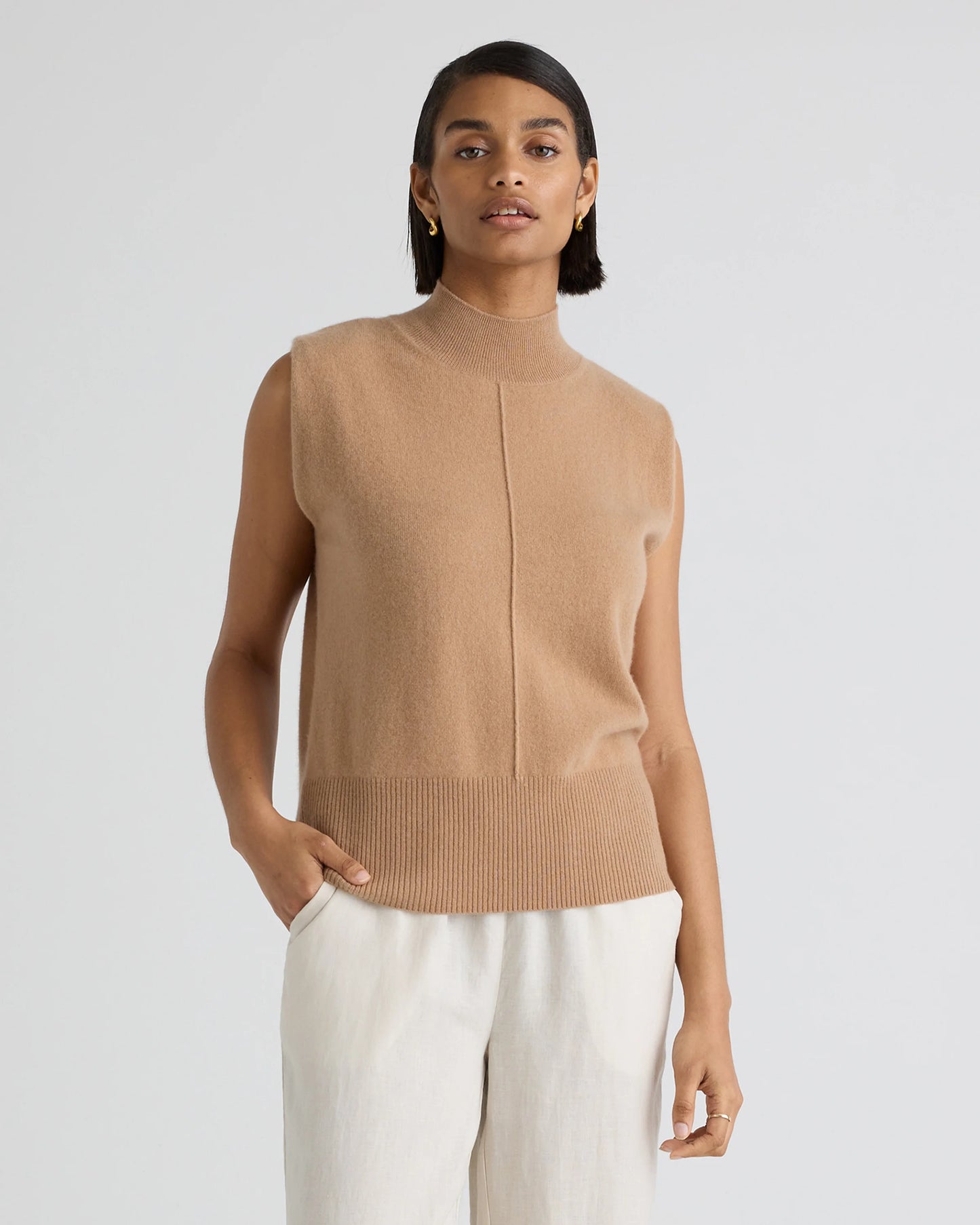 Mongolian Cashmere Padded-Shoulder Sweater Tank - XS / Heather Grey