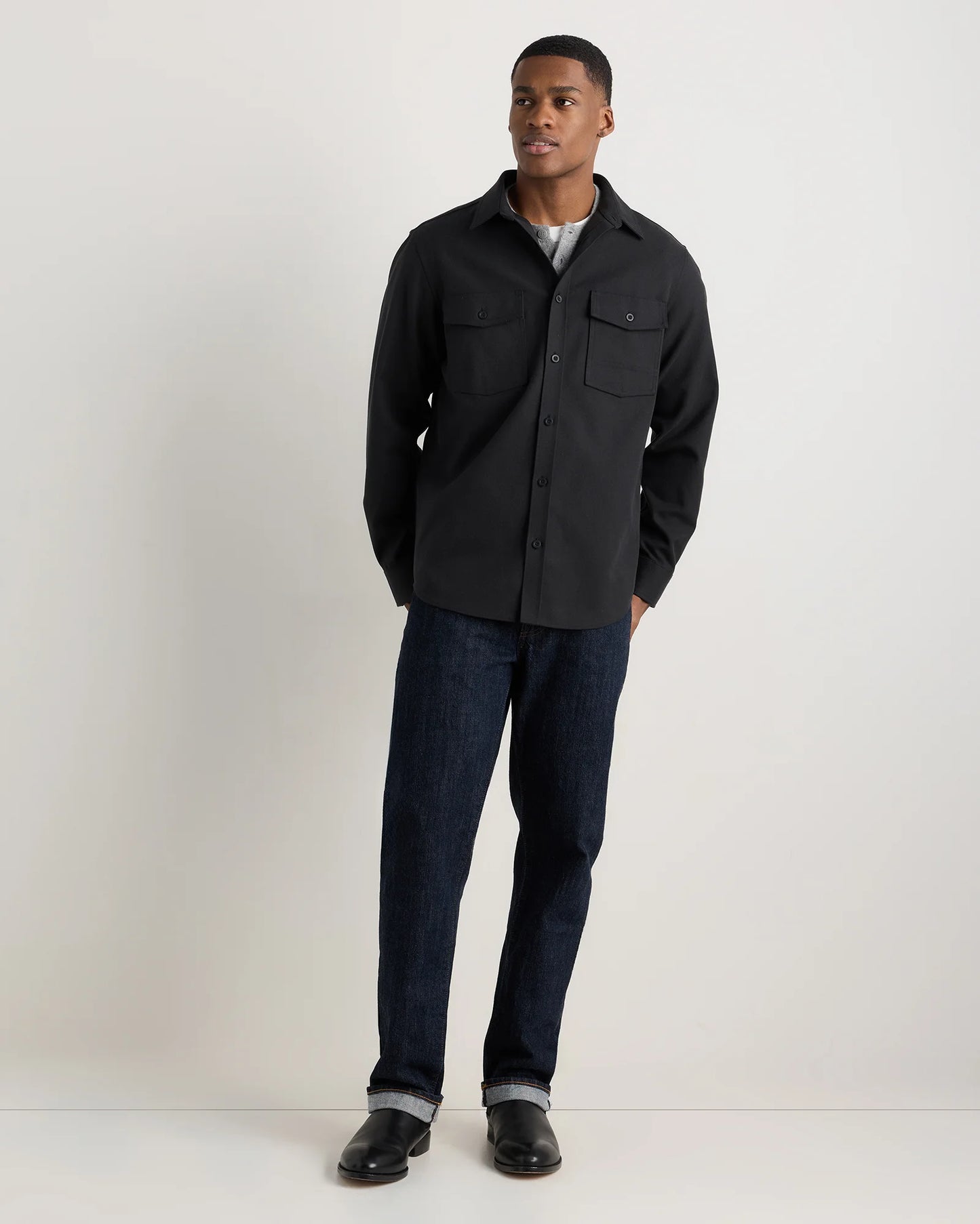 Brushed Cotton Wool Utility Overshirt - S / True Black