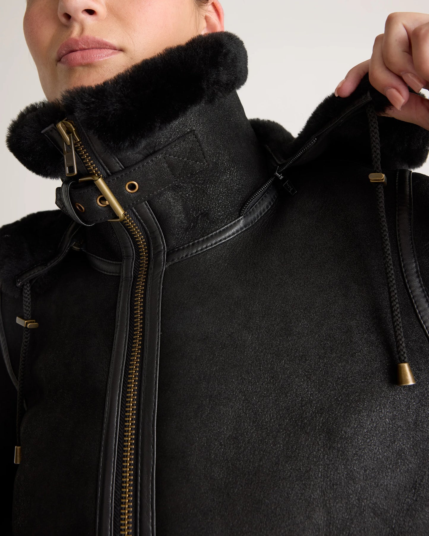 100% Shearling Cold Weather Bomber Jacket - XS / Black