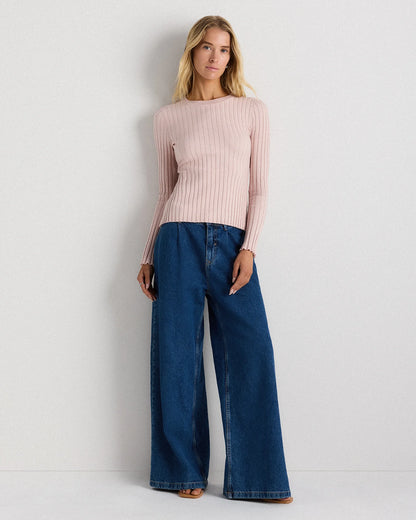 Cotton Cashmere Ribbed Long Sleeve Sweater - XS / Sugar Stone