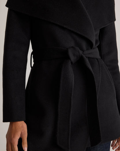 Double-Faced Merino Wool Draped Collar Short Wrap Coat - XS / Cocoa Melange