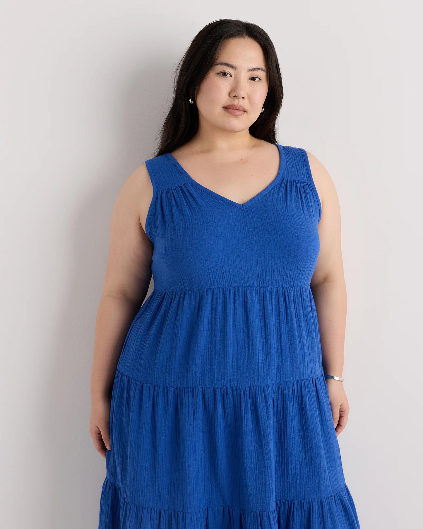 100% Organic Cotton Gauze Tiered Maxi Dress - 1X / Orchid Blue