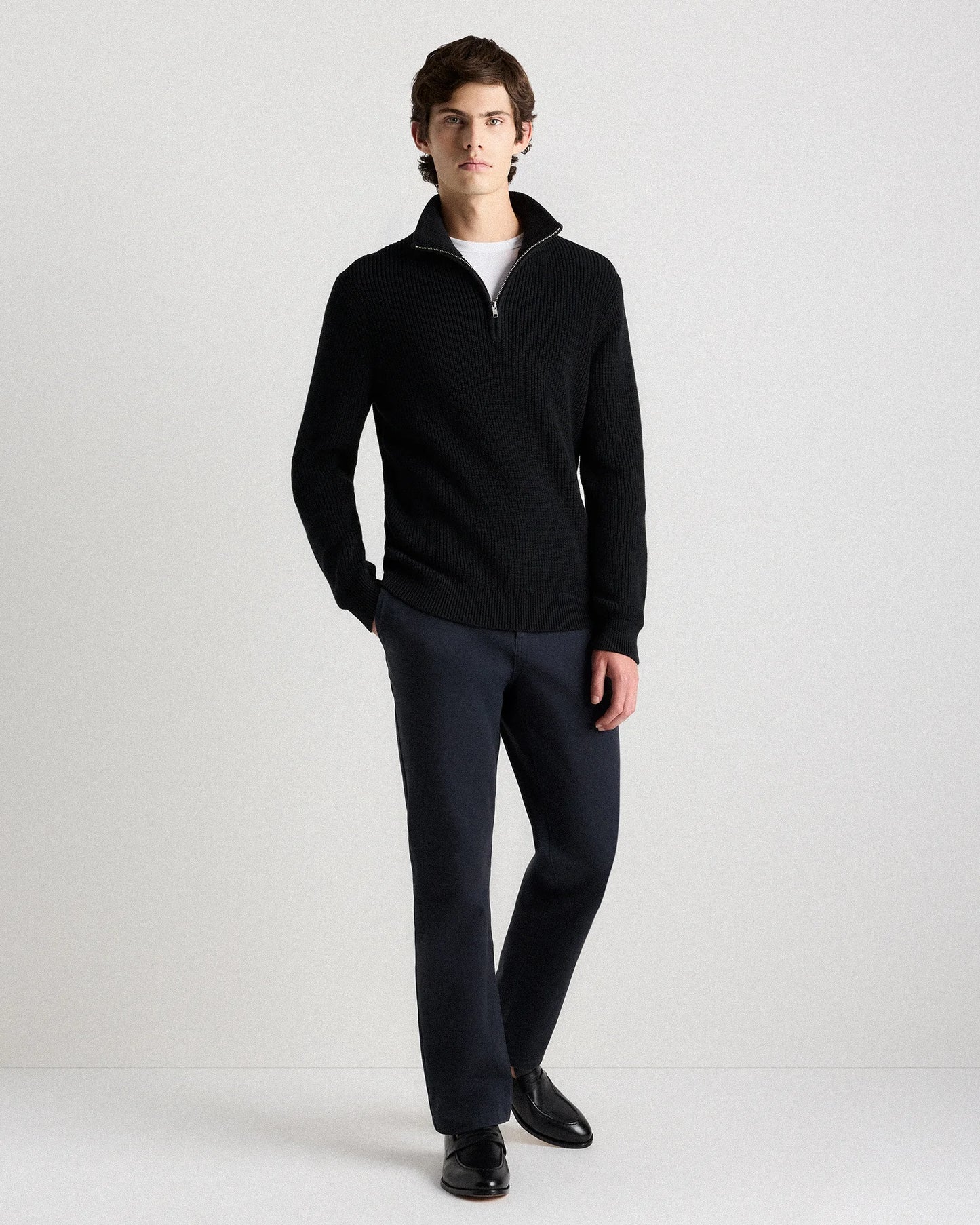 100% Organic Cotton Ribbed Quarter-Zip Sweater - S / Navy