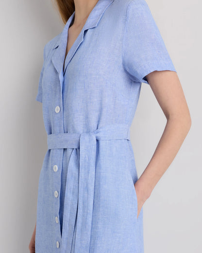 100% European Linen Button Front Dress - XS / Sky Blue Mariner Stripe