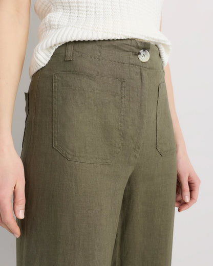 100% European Linen Patch Pocket Wide Leg Pants - 0 / Taupe Brown Chambray