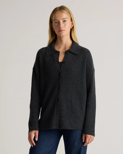 Mongolian Cashmere Wide-Rib Oversized Collared Cardigan - XS / Oatmeal