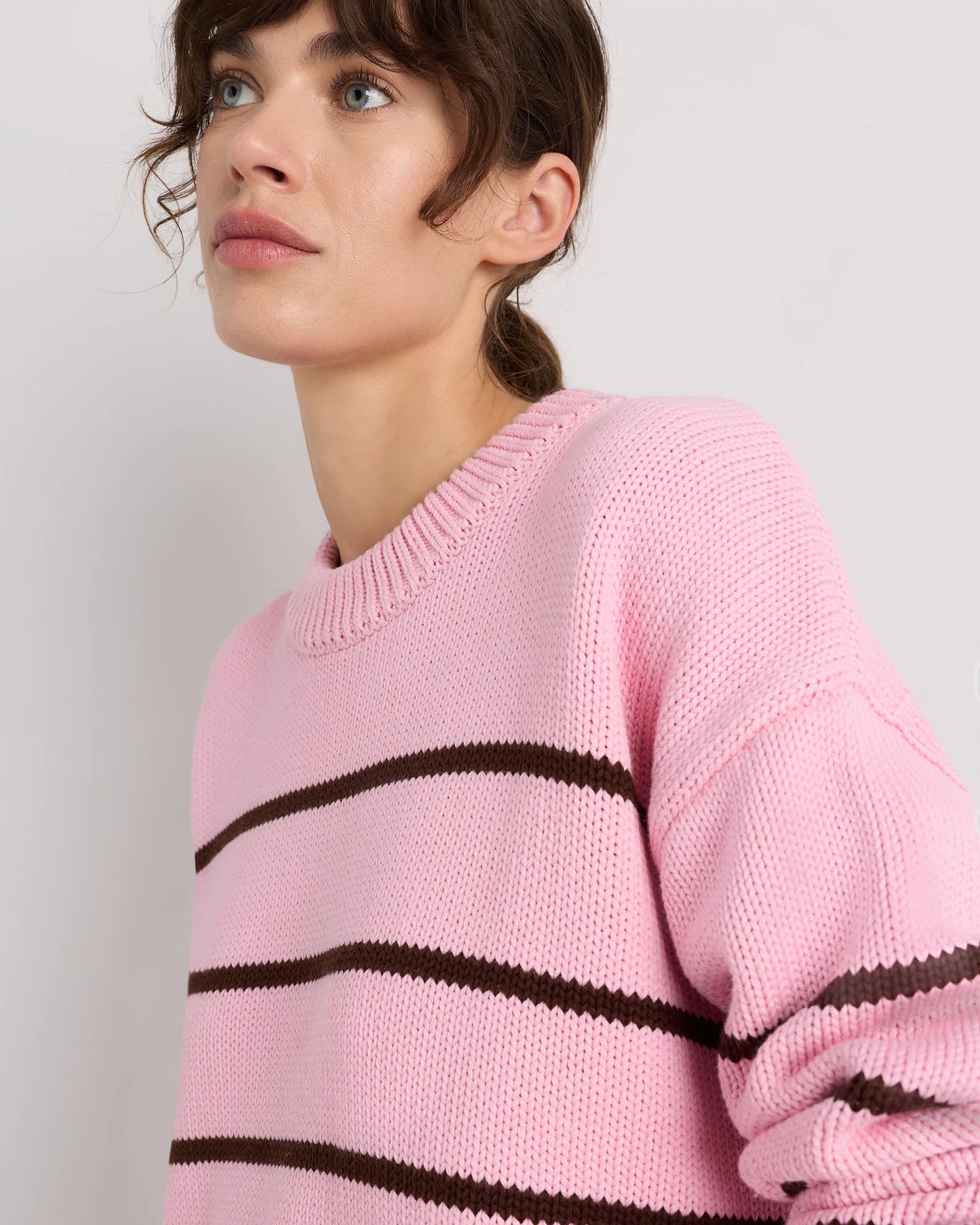 100% Organic Cotton Striped Crew Sweater - XS / Heather Brown/Ivory
