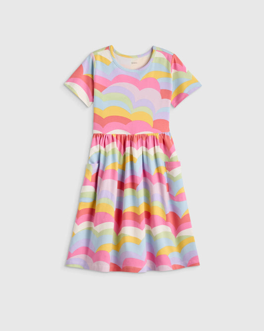 Organic Cotton Fit and Flare Pocket Dress - 6 / Cloud Rainbow Stripe