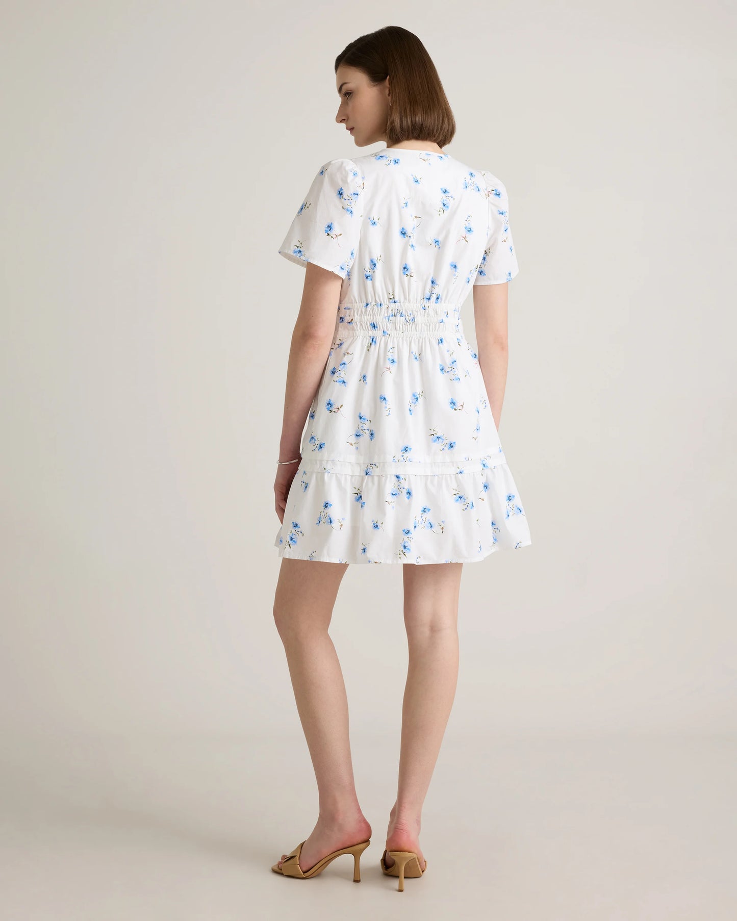 100% Organic Cotton Poplin Tiered Mini Dress - XS / Riviera Blue Heirloom Floral