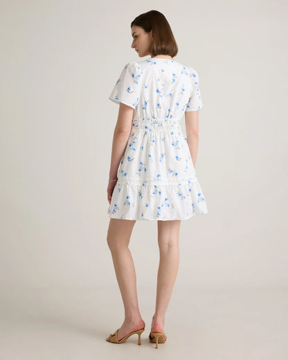 100% Organic Cotton Poplin Tiered Mini Dress - XS / Riviera Blue Heirloom Floral